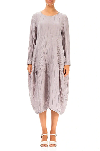 Long Sleeves Balloon Crinkled Greige Silk Linen Dress 1