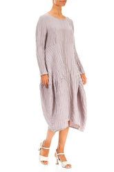 Long Sleeves Balloon Crinkled Greige Silk Linen Dress 4