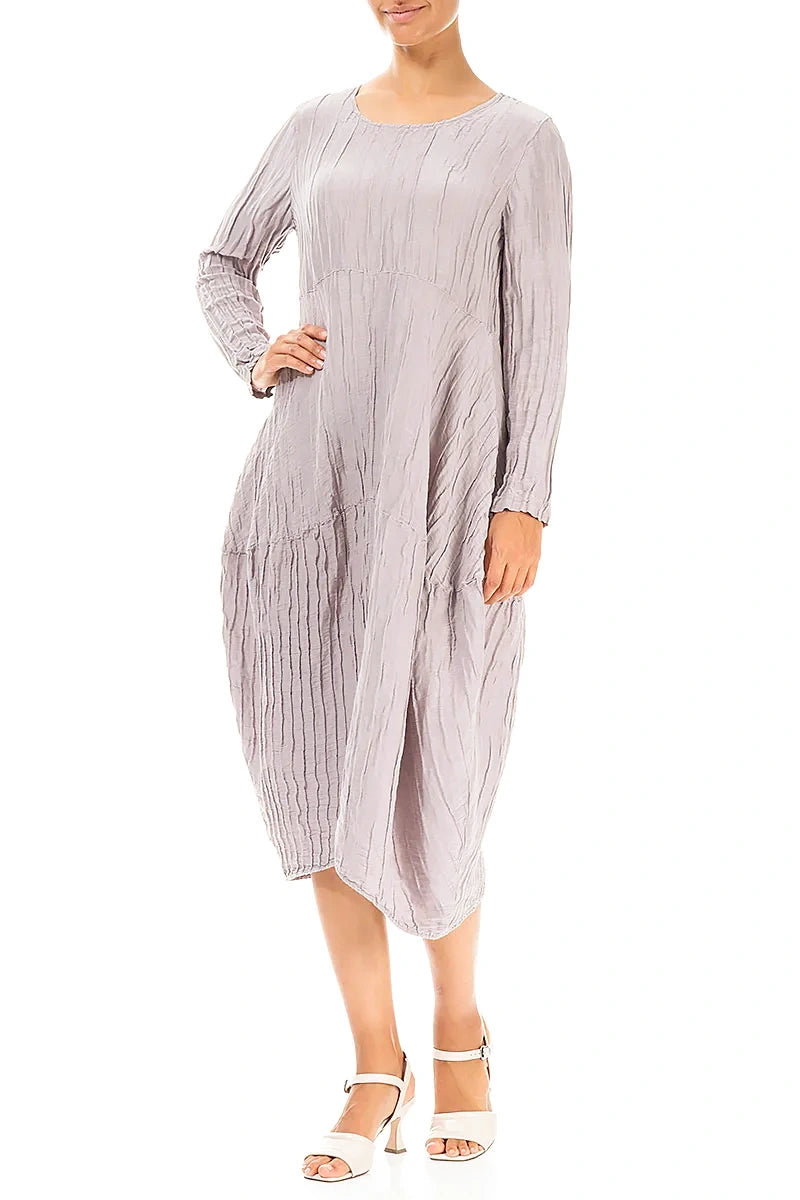 Long Sleeves Balloon Crinkled Greige Silk Linen Dress 4