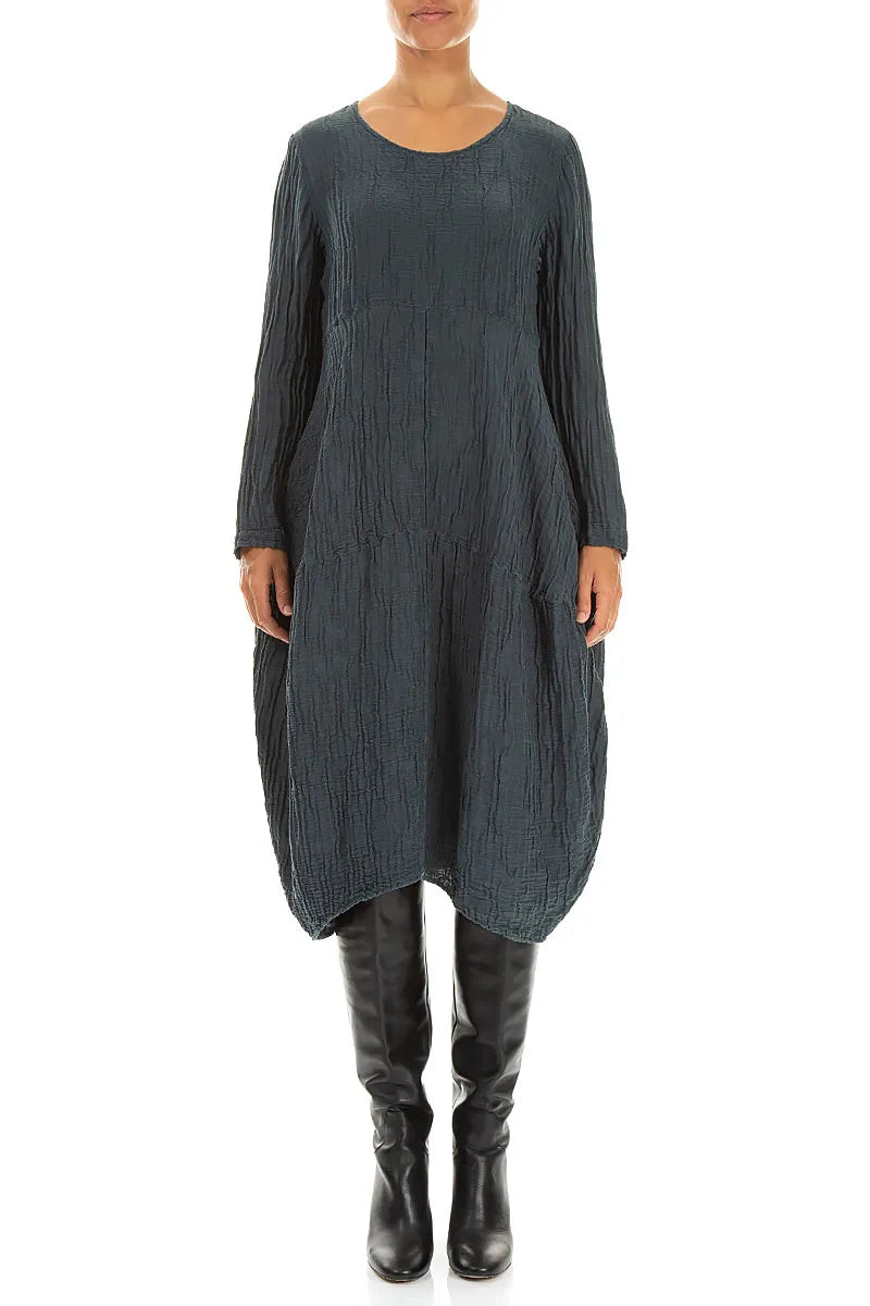 Long Sleeves Balloon Crinkled Slate Silk Linen Dress 1