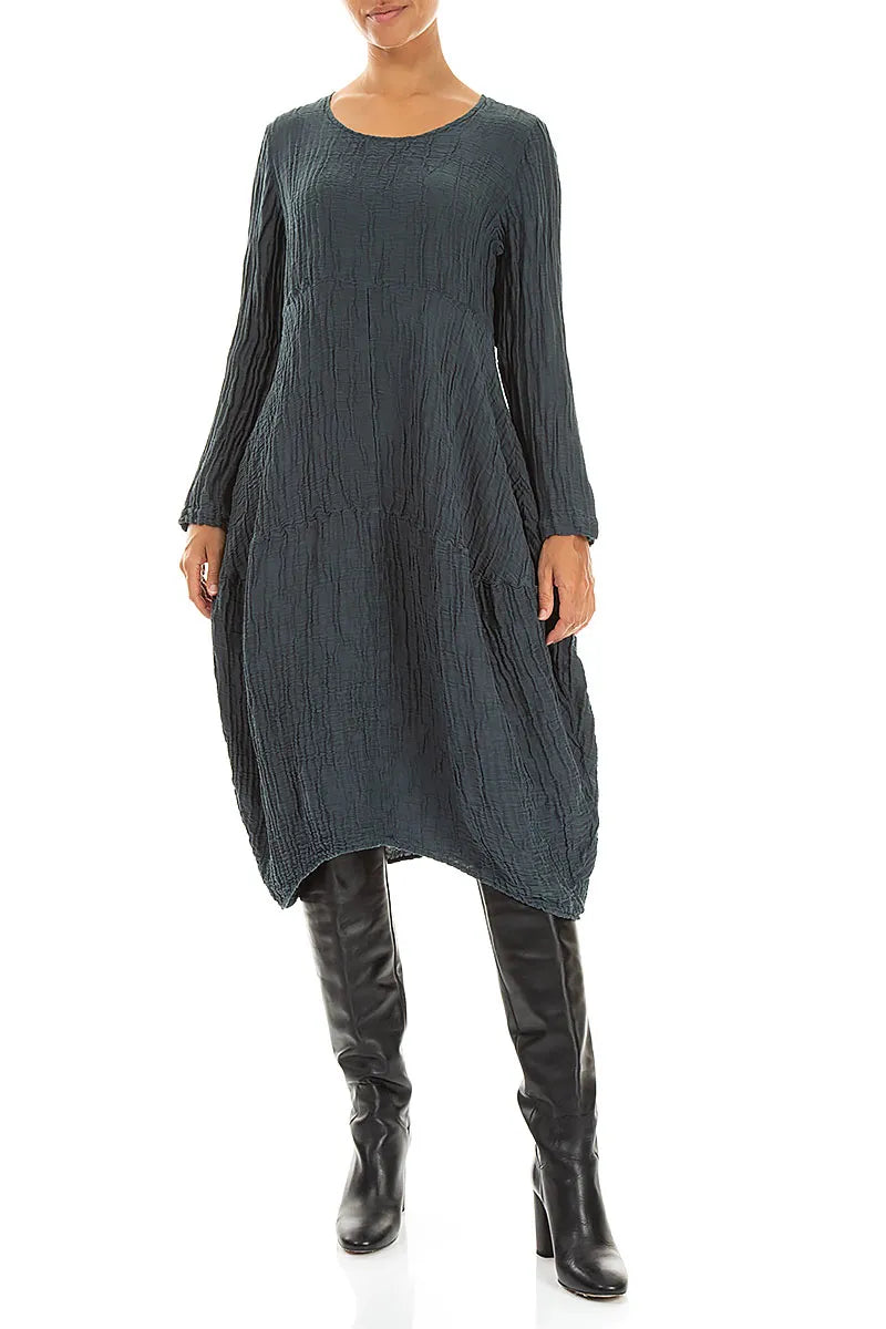 Long Sleeves Balloon Crinkled Slate Silk Linen Dress 4