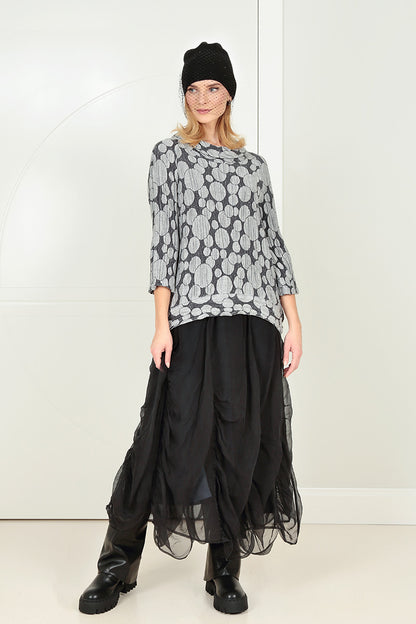 Cropped Sleeves Silver Circle Silk Linen Blouse