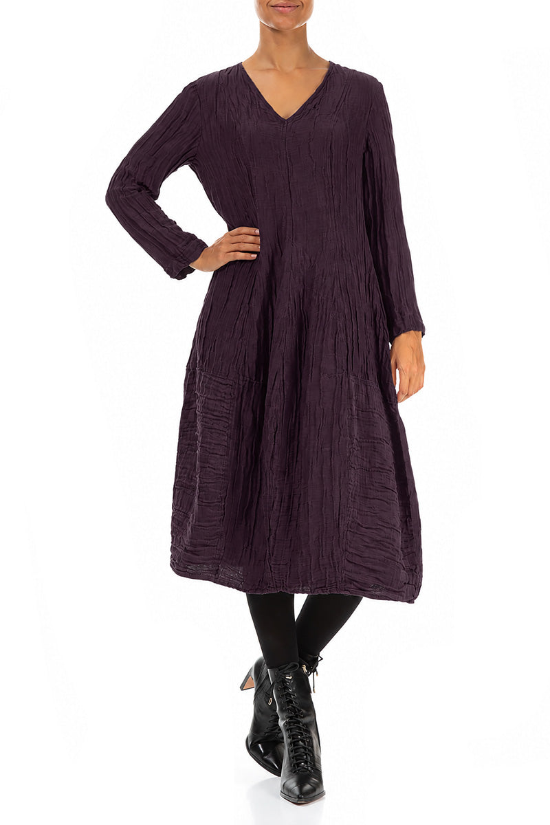 Long Sleeves V-Neck Crinkled Deep Plum Silk Dress