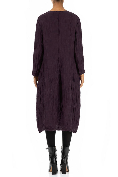 Long Sleeves V-Neck Crinkled Deep Plum Silk Dress