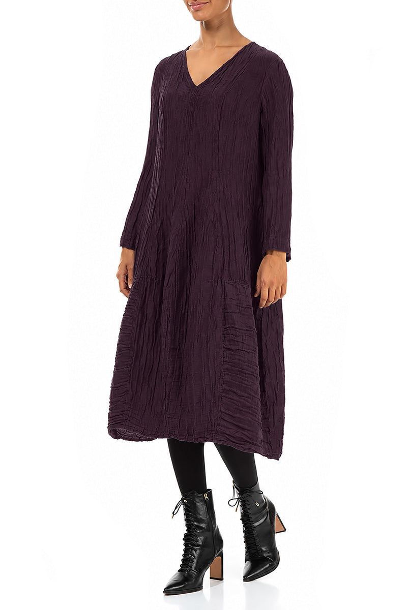 Long Sleeves V-Neck Crinkled Deep Plum Silk Dress 3