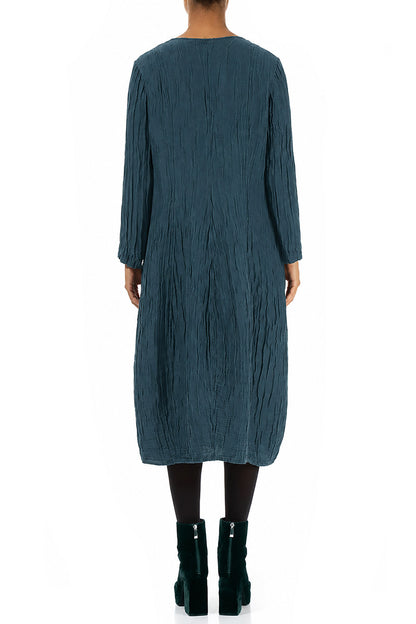Long Sleeves V-Neck Crinkled Deep Turquoise Silk Dress