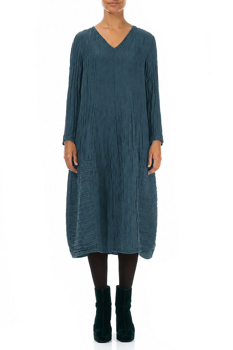 Long Sleeves V-Neck Crinkled Deep Turquoise Silk Dress 1