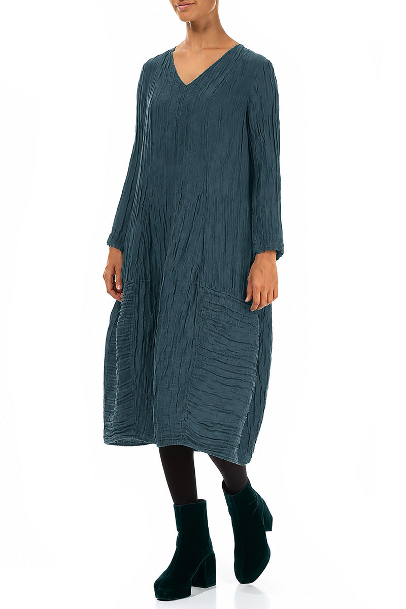 Long Sleeves V-Neck Crinkled Deep Turquoise Silk Dress 3
