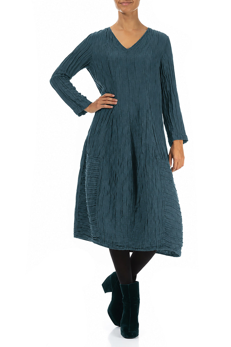Long Sleeves V-Neck Crinkled Deep Turquoise Silk Dress 4