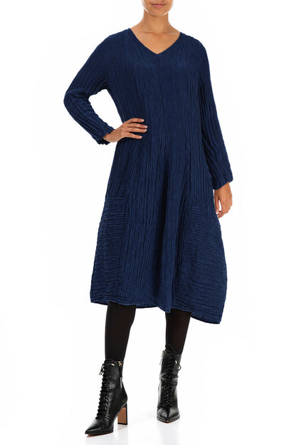 Long Sleeves V-Neck Crinkled Indigo Silk Dress