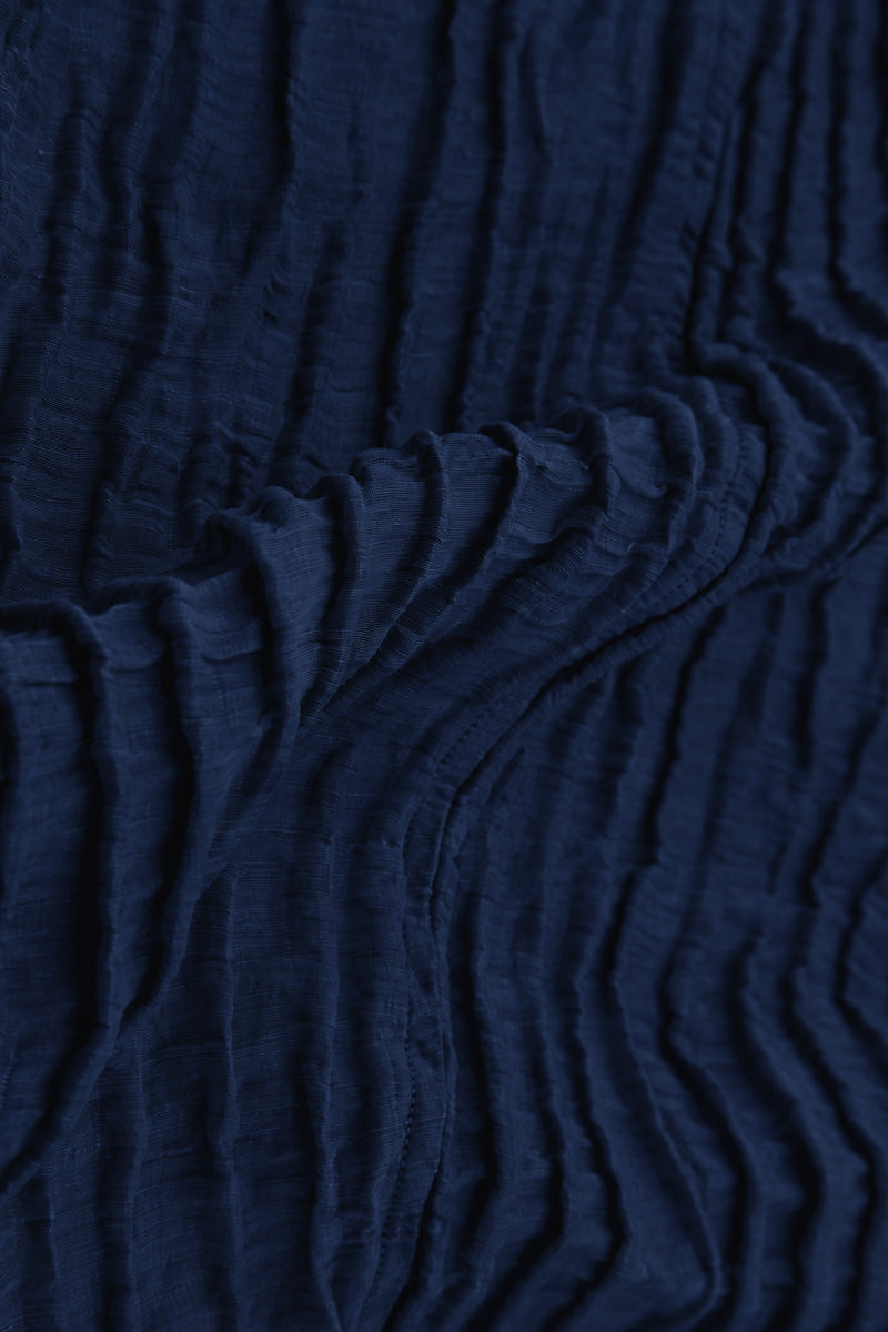 Long Sleeves V-Neck Crinkled Indigo Silk Dress