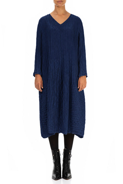 Long Sleeves V-Neck Crinkled Indigo Silk Dress