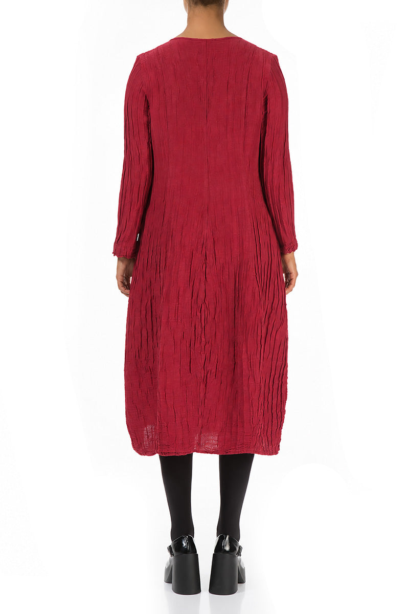 Long Sleeves V-Neck Crinkled Ruby Silk Dress 2
