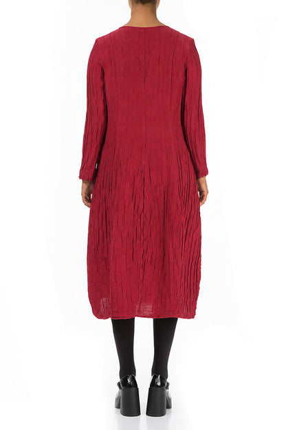 Long Sleeves V-Neck Crinkled Ruby Silk Dress