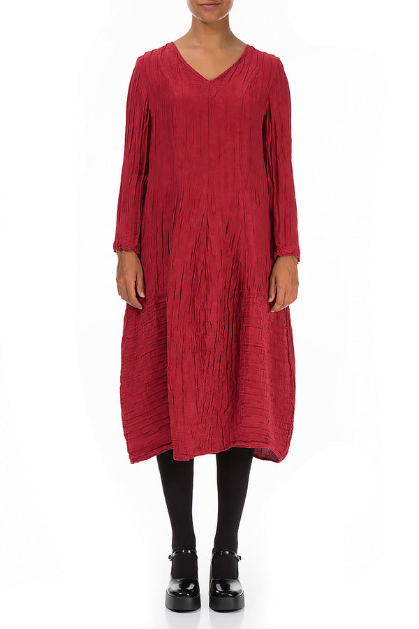 Long Sleeves V-Neck Crinkled Ruby Silk Dress 1