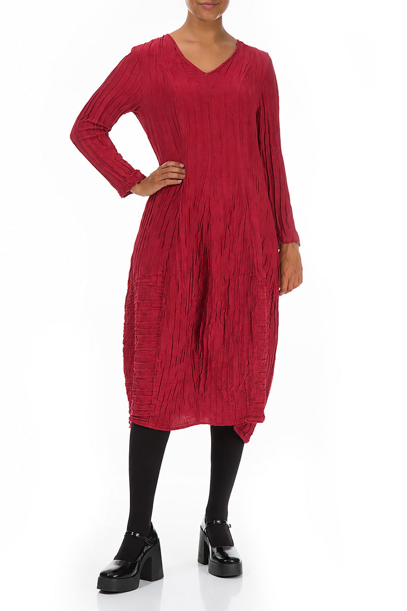 Long Sleeves V-Neck Crinkled Ruby Silk Dress