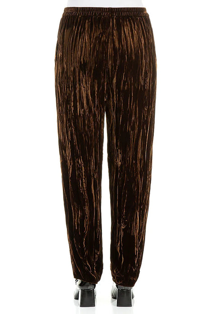 Long Taper Aged Copper Crumpled Silk Velvet Trousers 2