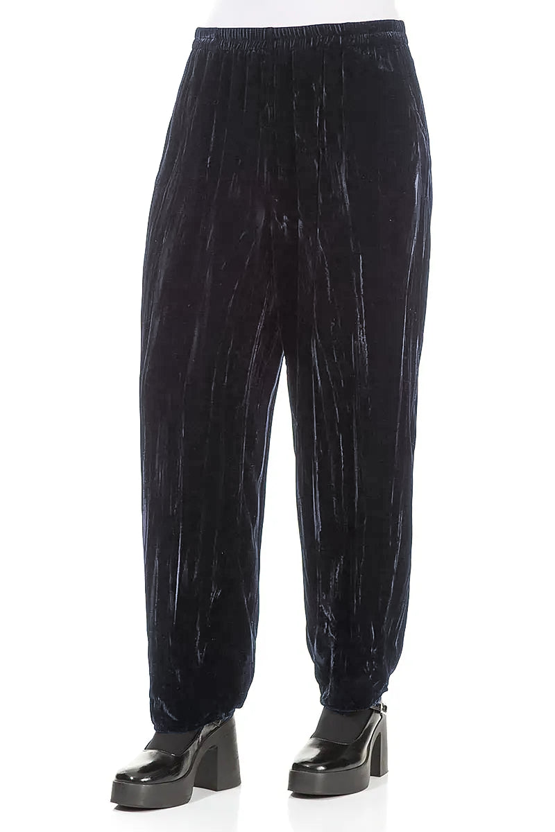 Long Taper Slate Blue Crumpled Silk Velvet Trousers 3