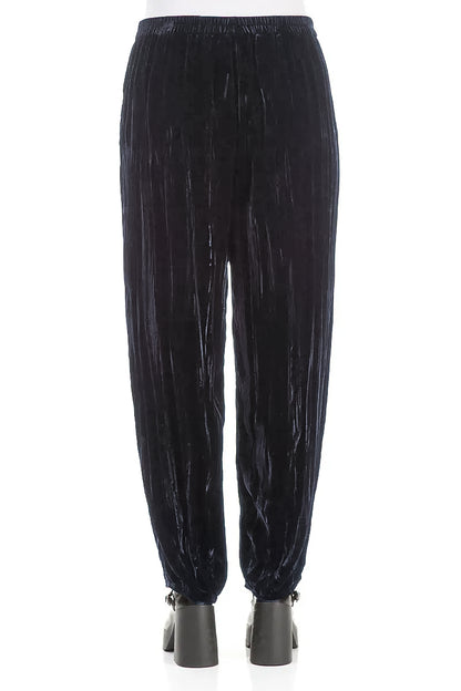 Long Taper Slate Blue Crumpled Silk Velvet Trousers 2