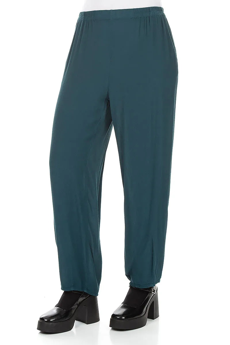 Long Tapered Deep Turquoise Viscose Trousers 3