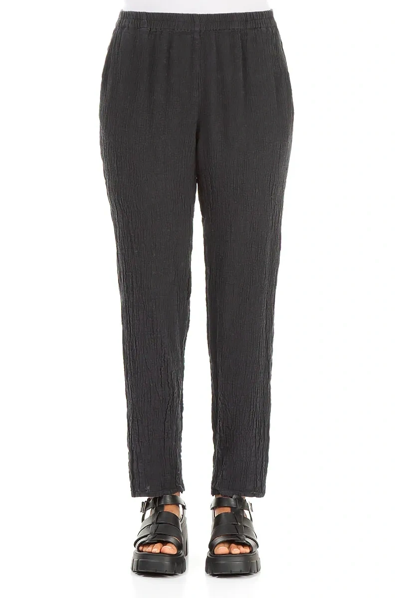 Long Tapered Graphite Textured Linen Trousers