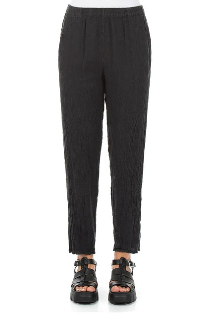 Long Tapered Graphite Textured Linen Trousers