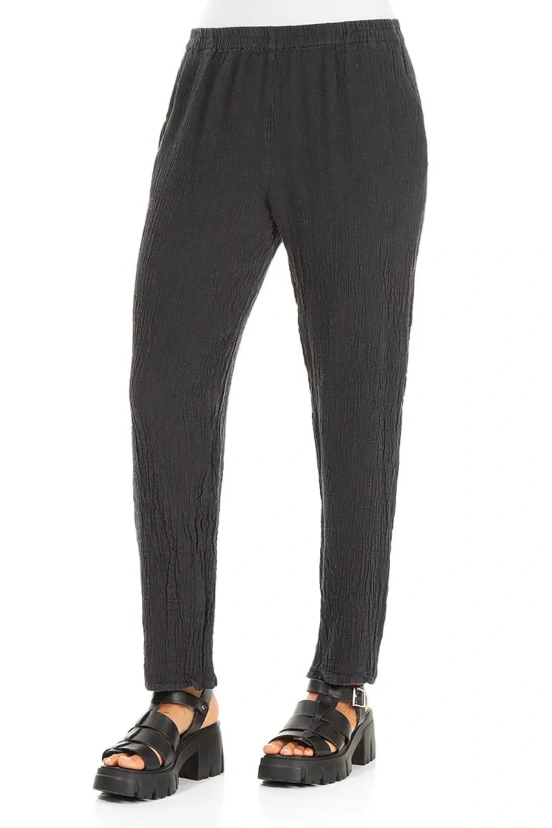 Long Tapered Graphite Textured Linen Trousers 3