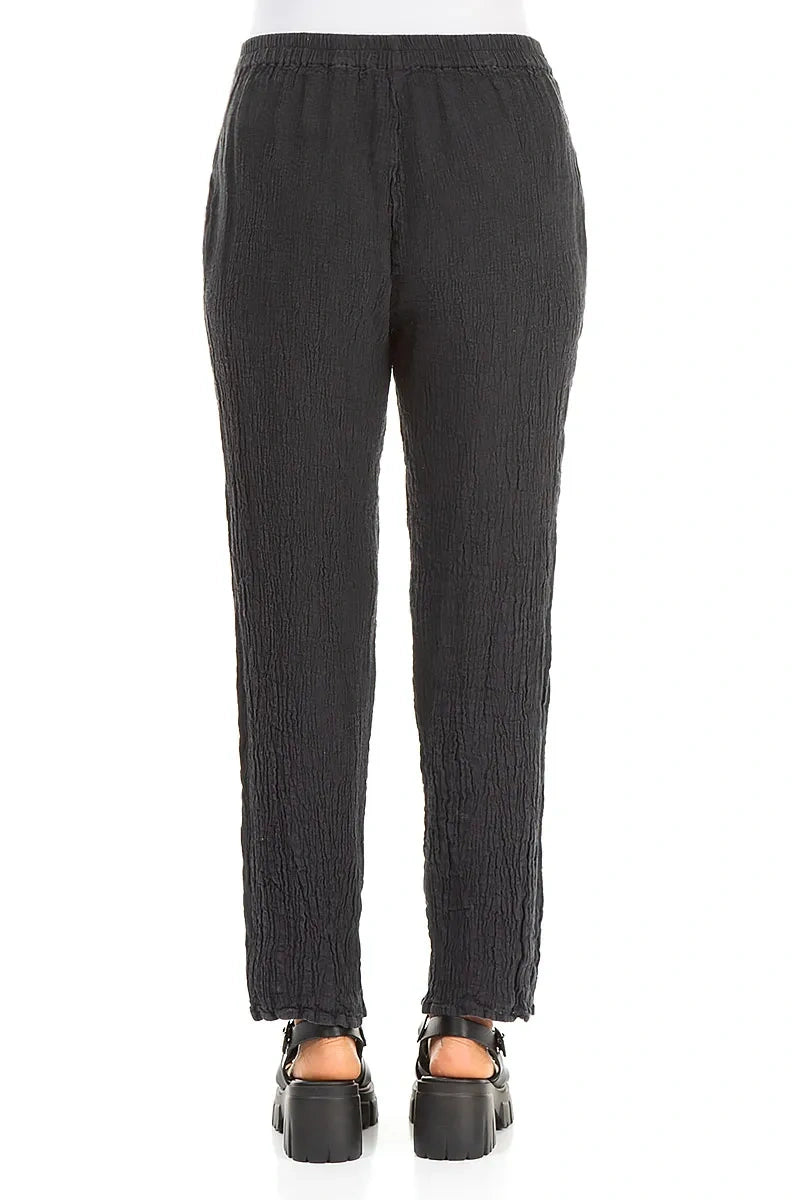 Long Tapered Graphite Textured Linen Trousers 2