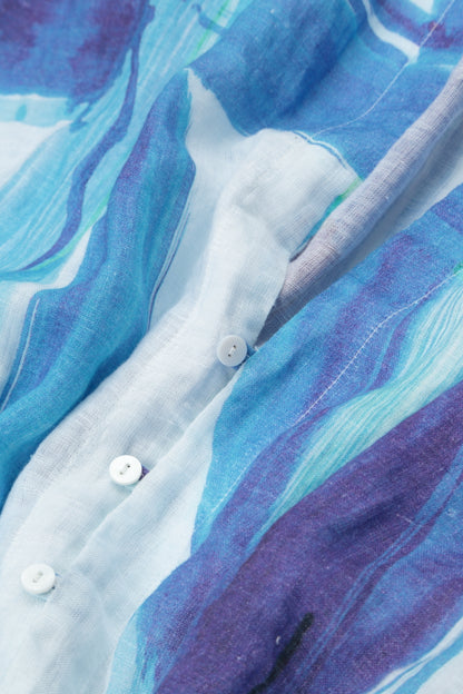 Longer Back Blue Brushstroke Linen Shirt