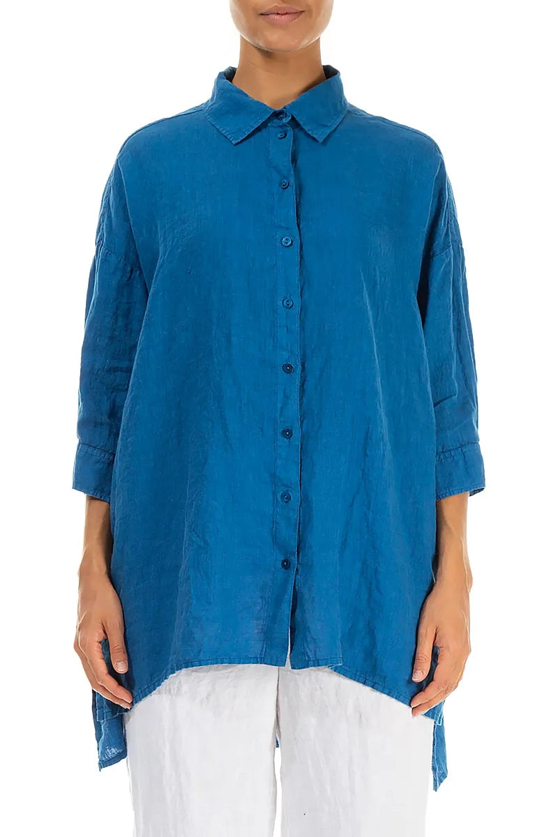 Longer Back Cobalt Blue Linen Shirt