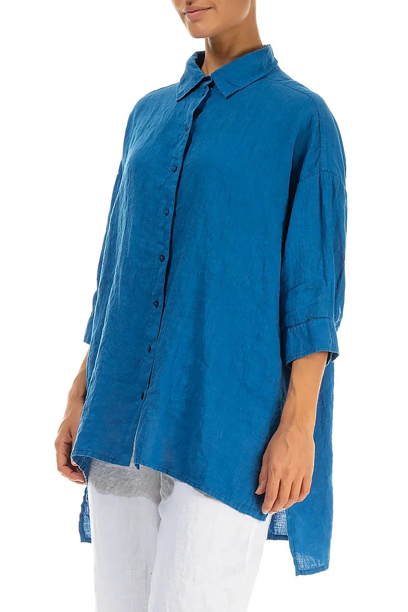 Longer Back Cobalt Blue Linen Shirt
