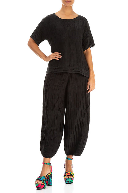 Longer Back Crinkled Black Silk Linen Blouse 4