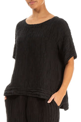 Longer Back Crinkled Black Silk Linen Blouse 3