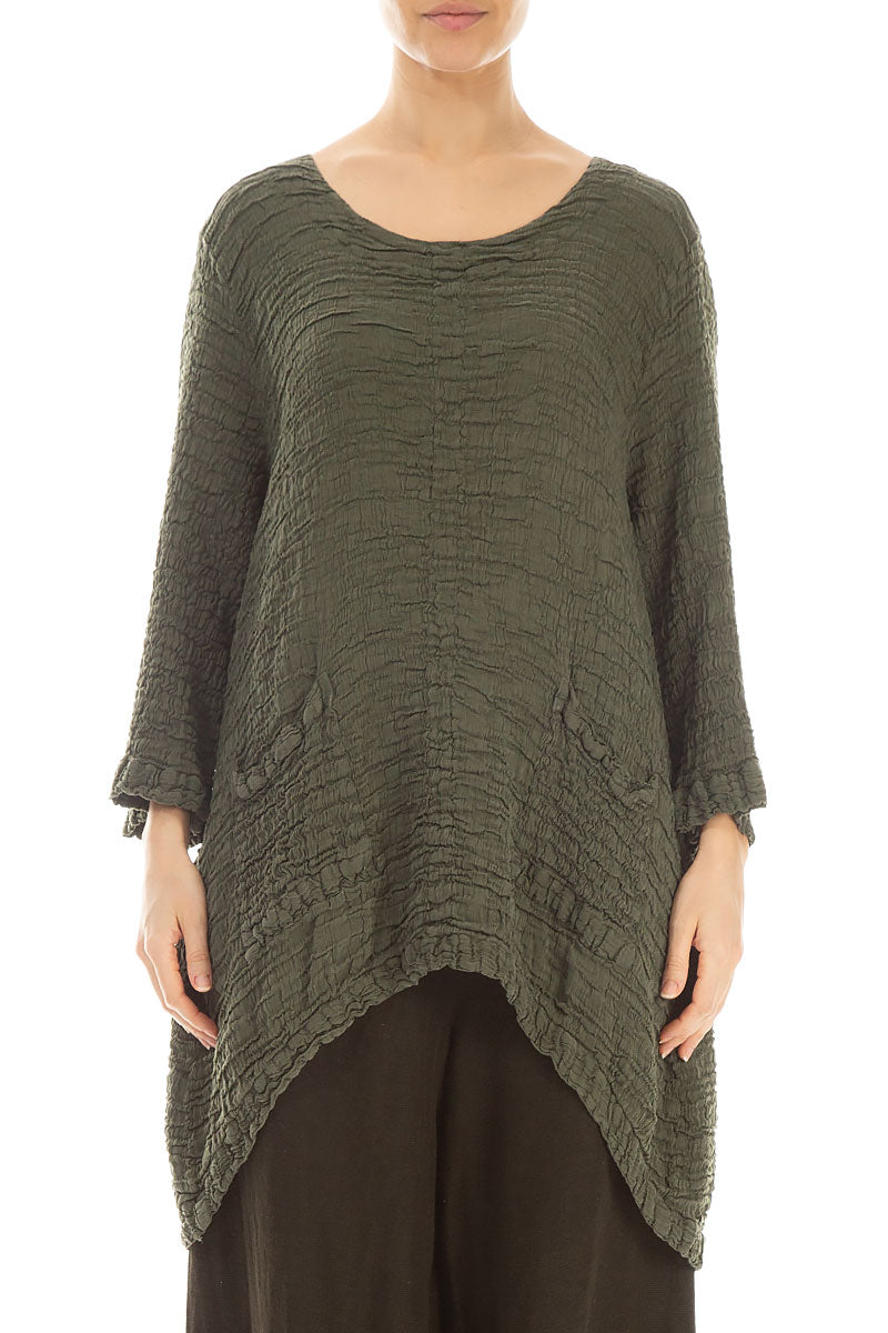 Longer Back Crinkled Green Khaki Silk Tunic 1