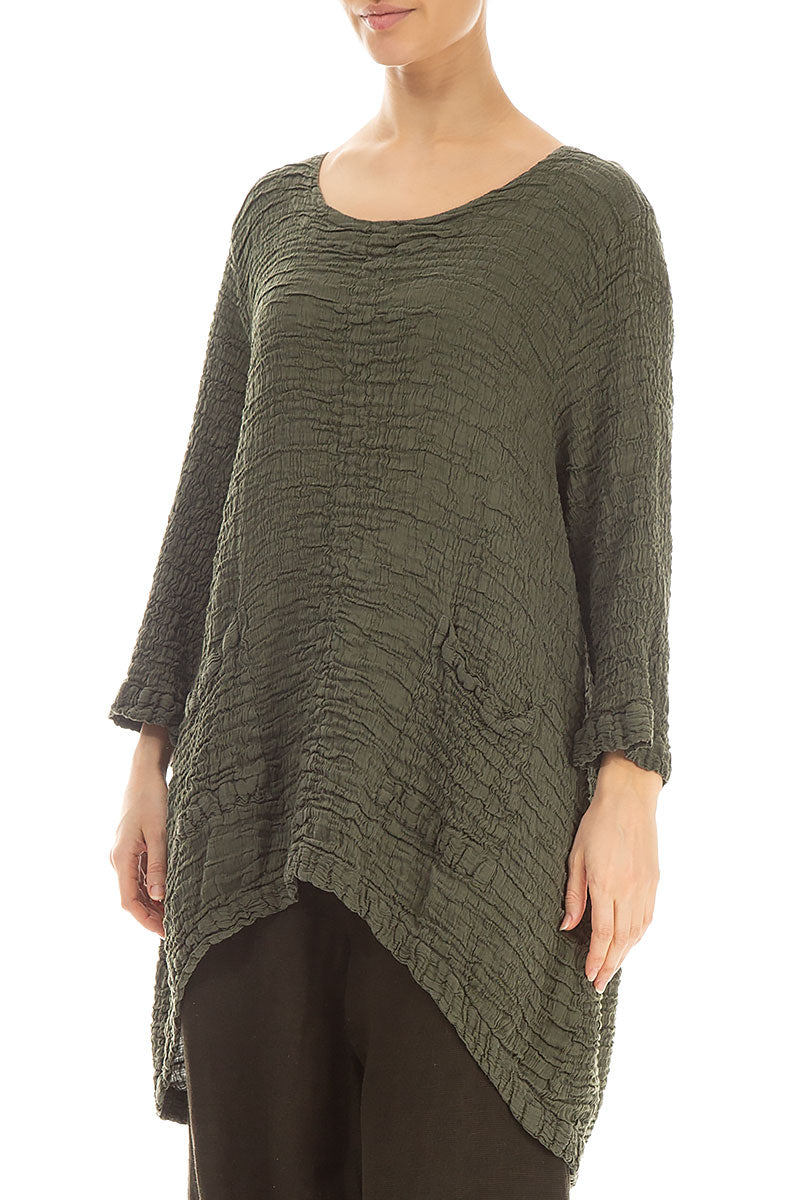 Longer Back Crinkled Green Khaki Silk Tunic 3