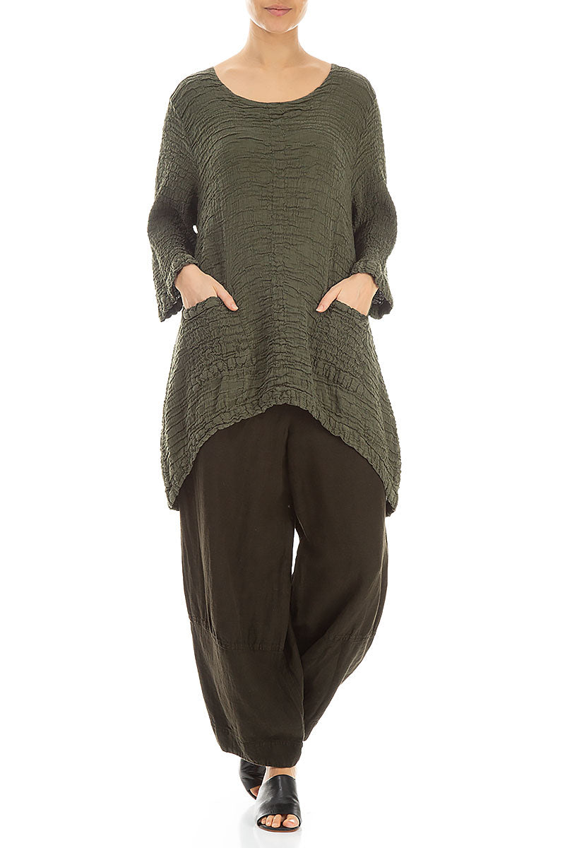 Longer Back Crinkled Green Khaki Silk Tunic 4