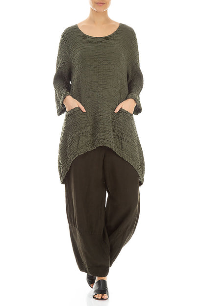 Longer Back Crinkled Green Khaki Silk Tunic 4