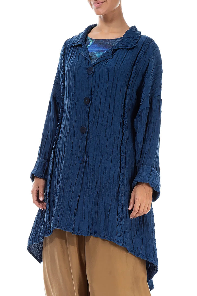 Longer Back Crinkled Royal Blue Silk Linen Jacket 3
