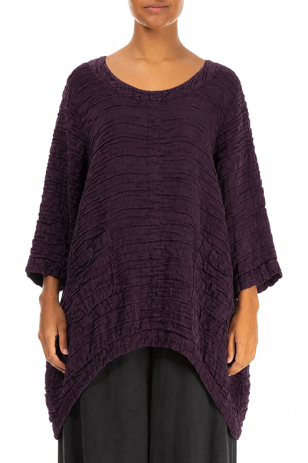 Longer Back Deep Plum Crinkled Silk Tunic