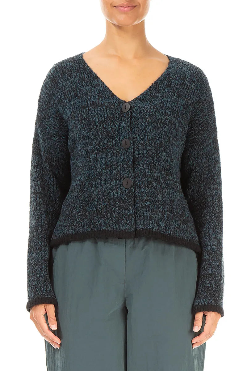 Longer Back Mélange Dark Teal Wool Cardigan