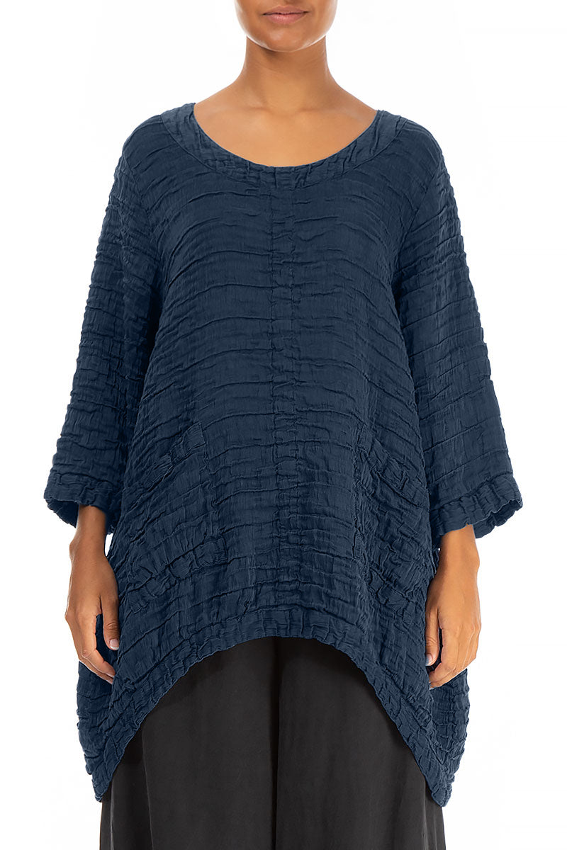 Longer Back Navy Crinkled Silk Tunic 1
