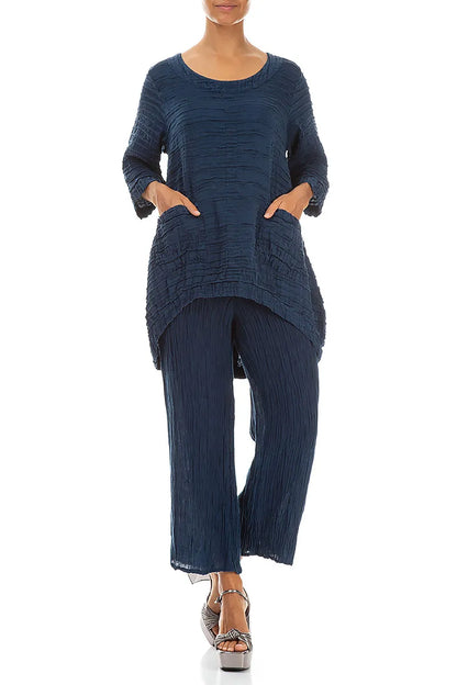 Longer Back Navy Crinkled Silk Tunic 4