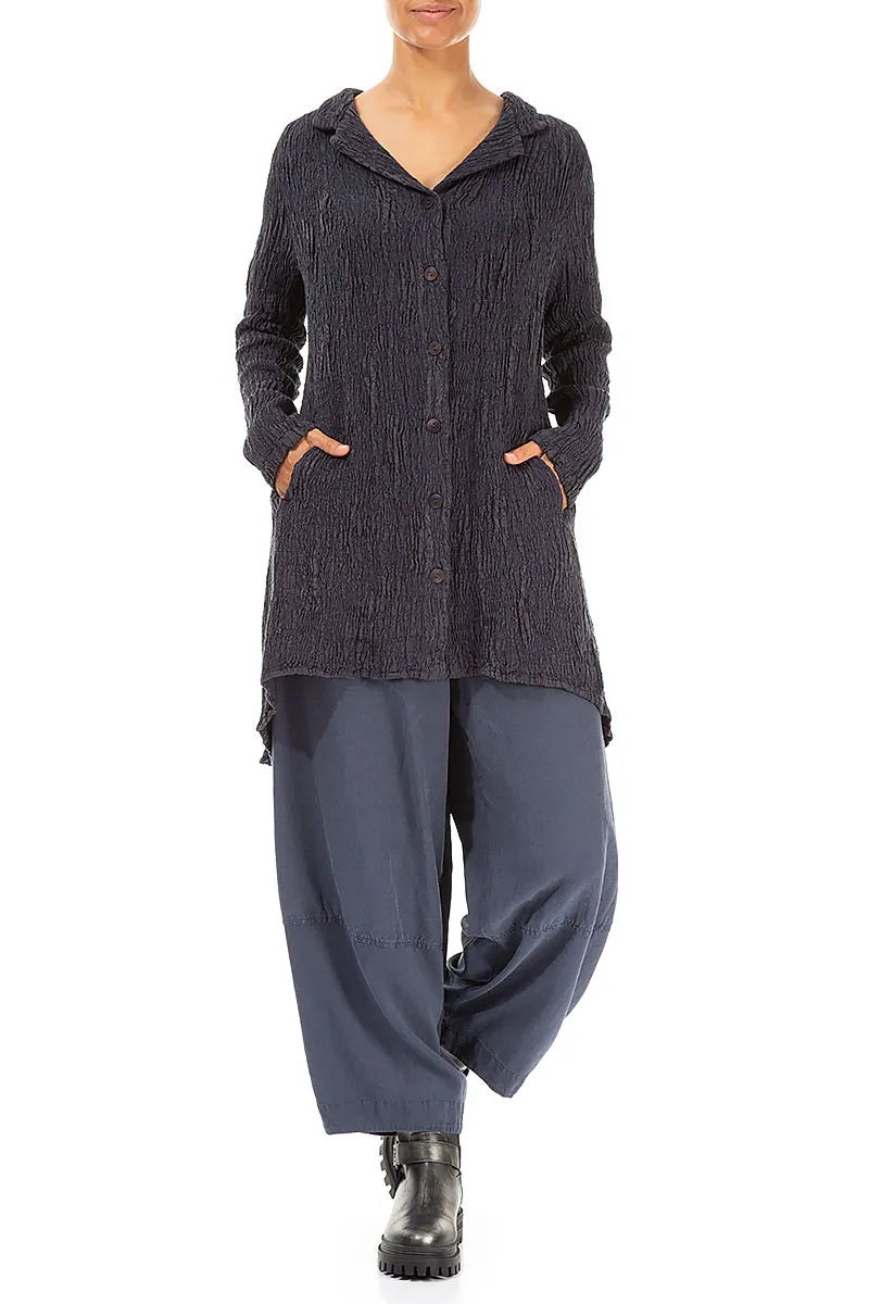 Veste longue en lin et soie texturé bleu ardoise