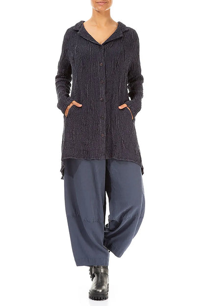 Veste longue en lin et soie texturé bleu ardoise