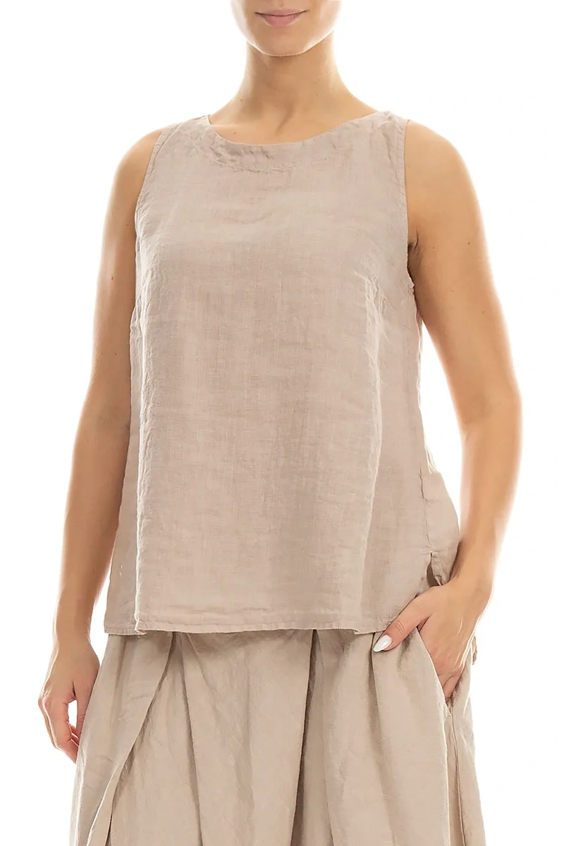 Längeres ärmelloses Leinen-Top in Beige