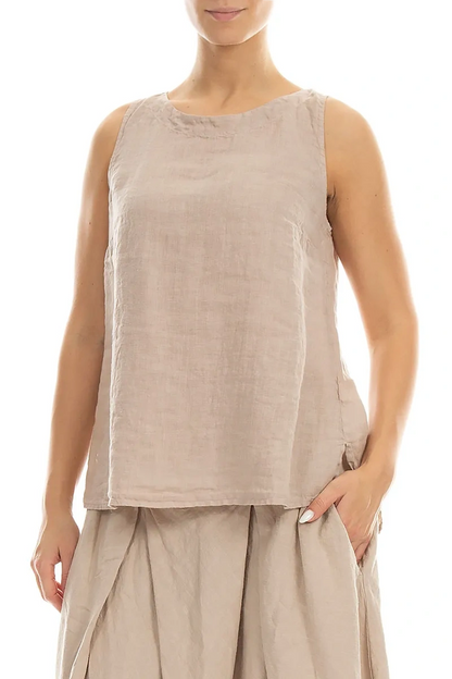 Längeres ärmelloses Leinen-Top in Beige