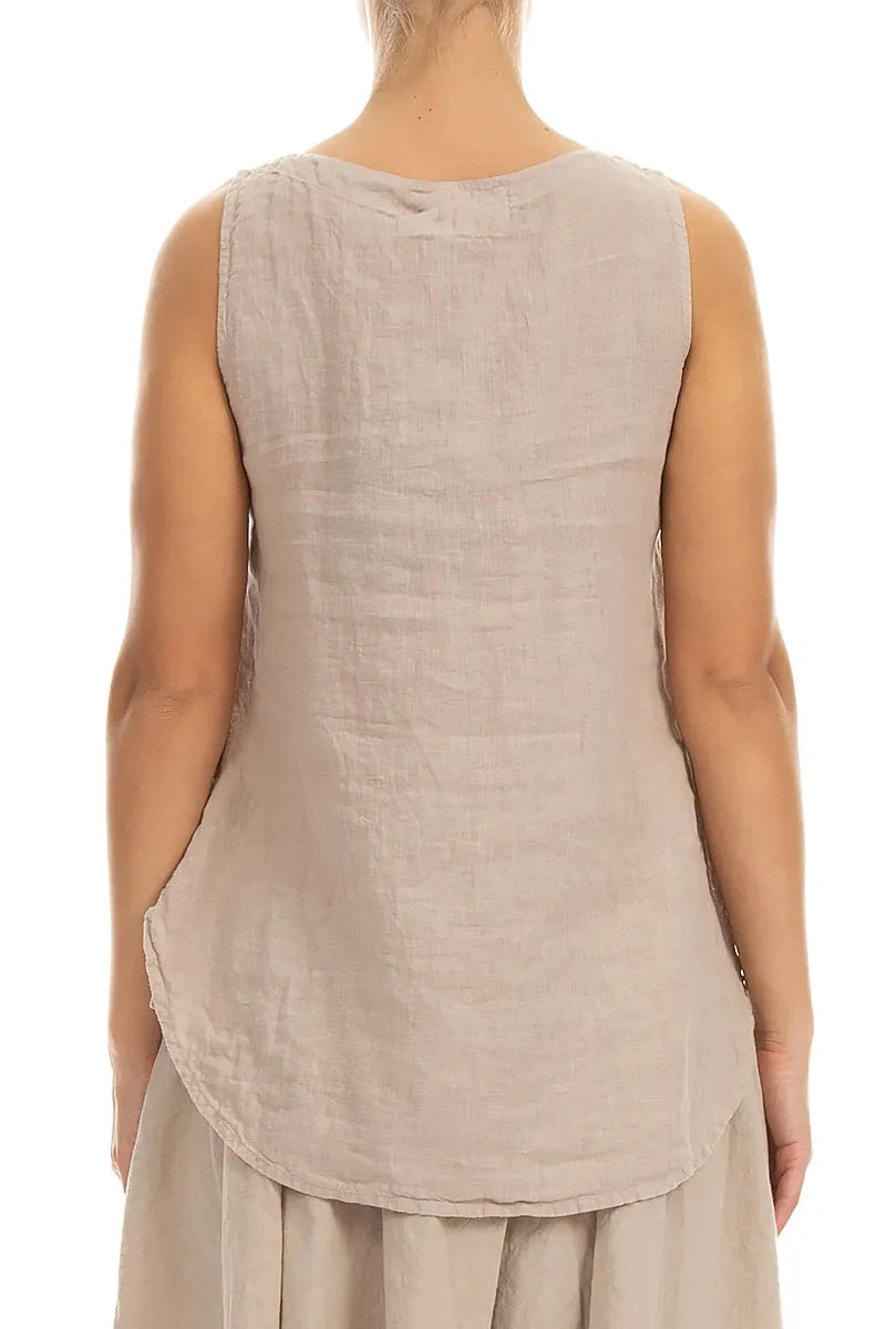 Longer Back Sleeveless Beige Linen Top 2