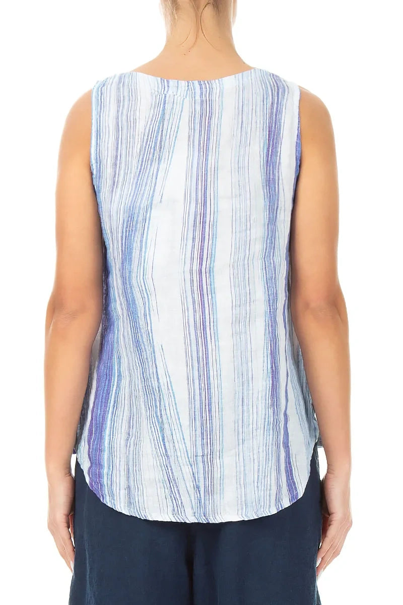 Longer Back Sleeveless Blue Wash Stripe Linen Top