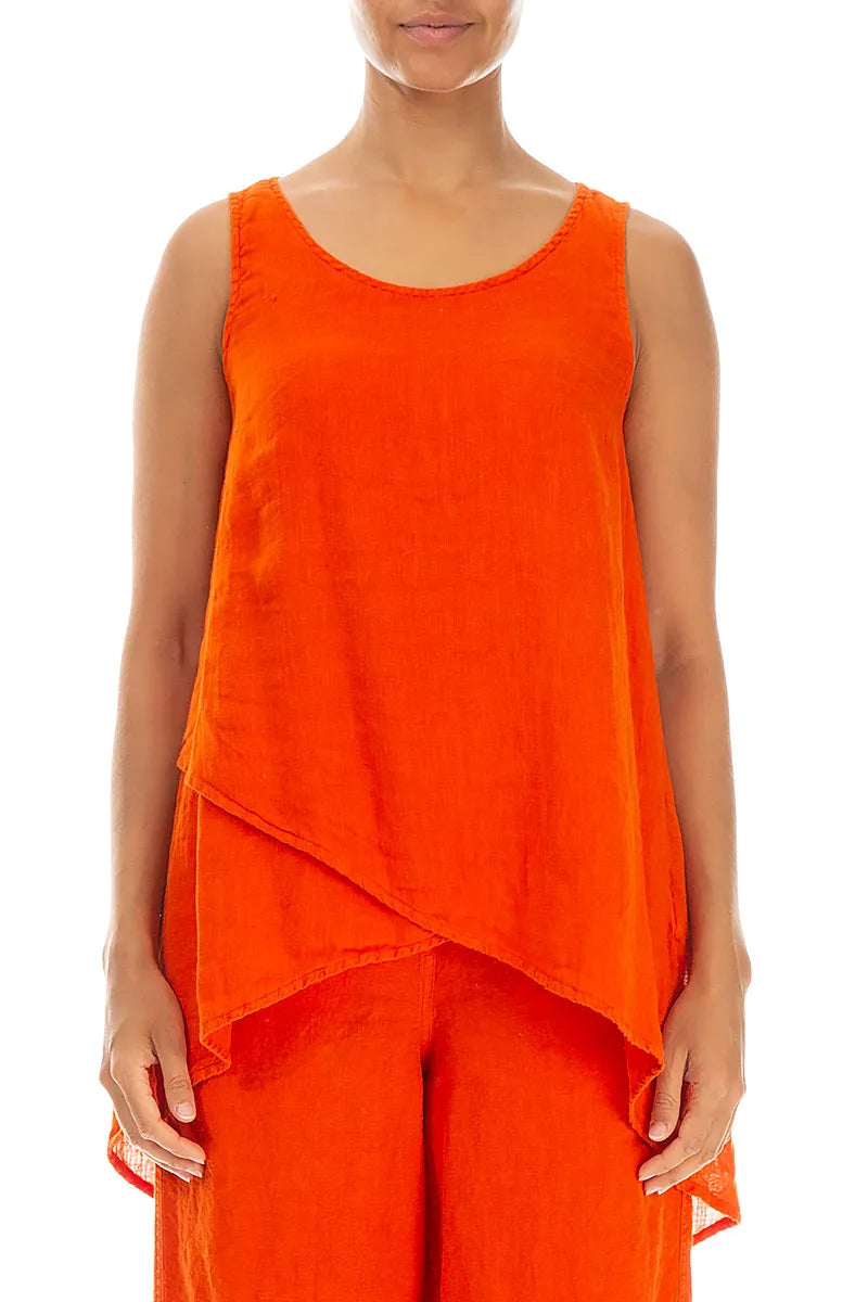 Longer Back Sleeveless Flame Orange Gauze Linen Blouse 1