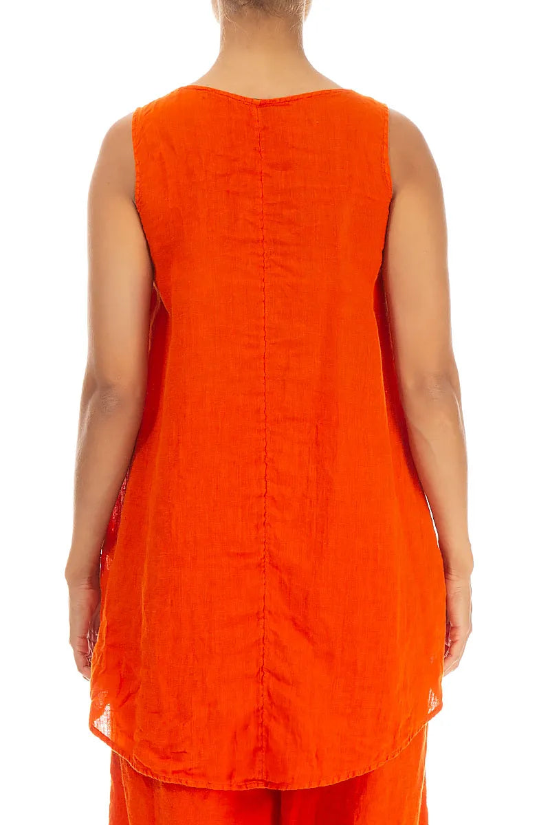 Longer Back Sleeveless Flame Orange Gauze Linen Blouse 2